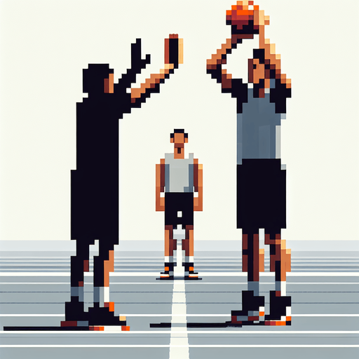 pixel art, an empty handed basketball player blocking with his empty hands over his head. full figure..
Blank background. High contrast. No shadows.