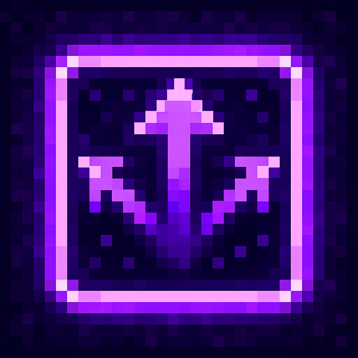 Pixel art of a violet power-up icon with three small arrows or projectiles spreading outward. Represents multishot power in a retro-style game. Glowing, pixelated square icon.
In-Game asset.  2d.  High contrast.  No shadows