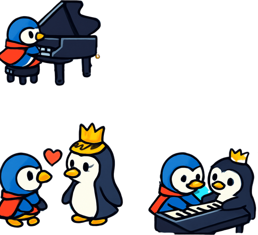 4-panel comic strip, no text, cute cartoon style, bright colors, black outlines.
Characters: Penguin Hero (small, determined) + Penguin Princess (elegant, crown) + Village Penguins
Central Theme: Music connects hearts, piano mastery wins love. Story: Hero's grand performance wins Princess's heart and village's admiration

Panel 1: Hero plays grand piano on large ice stage, whole village watching
Panel 2: Beautiful music fills the air, all penguins are enchanted, notes sparkle
Panel 3: Princess approaches Hero, heart symbols floating between them
Panel 4: Hero and Princess together at piano, playing duet, village celebrates with hearts/music notes everywhere.
In-Game asset.  2d.  High contrast.  No shadows