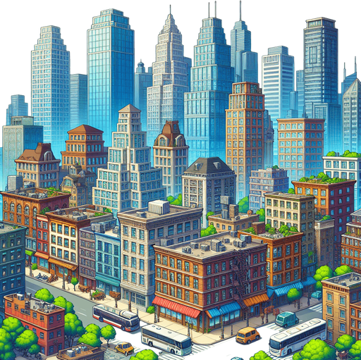 create a city with buidlings.
Single Game Texture.  In-Game asset.  2d.  Blank background.  High contrast.  No shadows