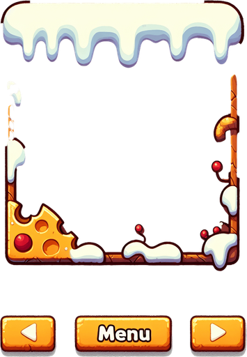 brown menu background, the frame is cheese, winter style Single Game Texture. In-Game asset. 2d. Blank background. High contrast. No shadows.