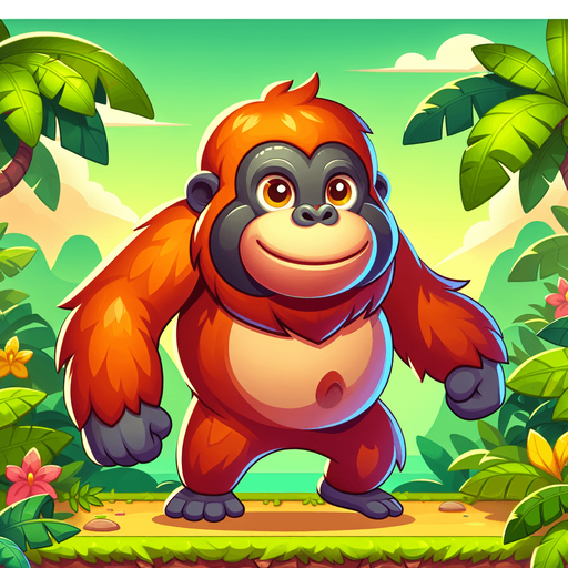 An orangutan in a cartoon image..
Single Game Texture. In-Game asset. 2d. Blank background. High contrast. No shadows.