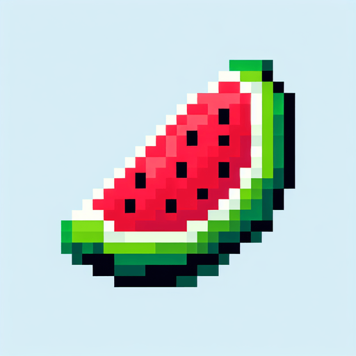 8 bit watermelon slice no shadows.
Single Game Texture. In-Game asset. 2d. Blank background. High contrast. No shadows.