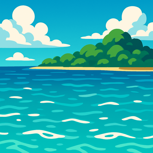 The tropical ocean with the shore of an island in the far background easily looping itself.
In-Game asset.  2d.  High contrast.  No shadows