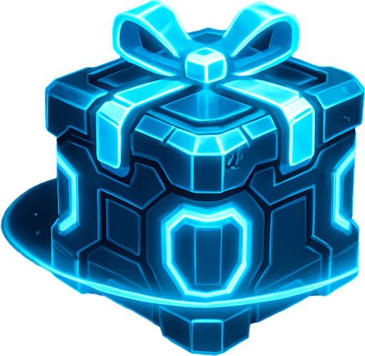 A 2D sci-fi gift box or power-up crate floating in space, with a glowing metallic surface, futuristic design, bright neon blue and silver accents, and a soft pulsing light effect. The box should look valuable and mysterious, slightly levitating with subtle sparkles or energy rings around it. Designed for a top-down space shooter game. Transparent background, digital art, ideal for sprite use..
In-Game asset.  2d.  High contrast.  No shadows