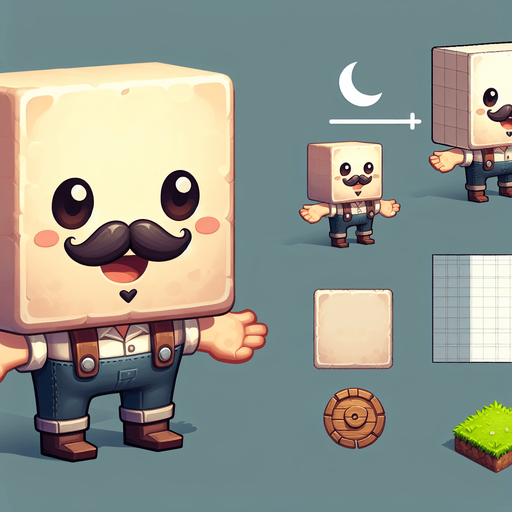 A little farmer that is comically square shaped..
Single Game Texture. In-Game asset. 2d. Blank background. High contrast. No shadows.