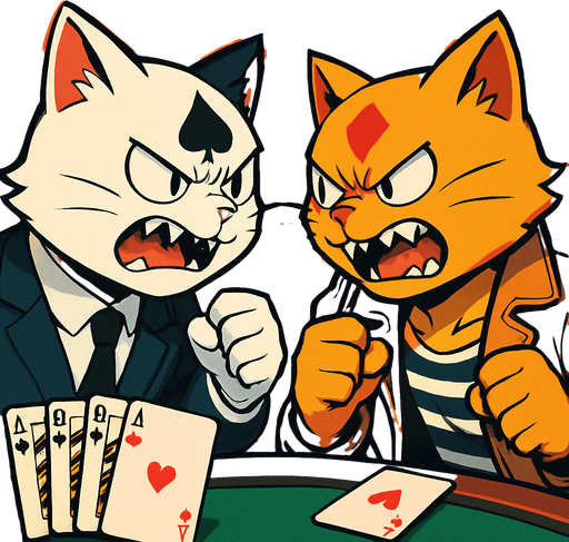 A 2:3 ratio rectangular picture that shows two card playing cats in a casino very close face to face with teeth bared and fists clenched as if they’re about to fight. Each cat has a different card suit pattern on the fur of their forehead. One is wearing a suit and the other is wearing tan leather jacket with a striped tank top underneath. Anime style..
In-Game asset.  2d.  High contrast.  No shadows