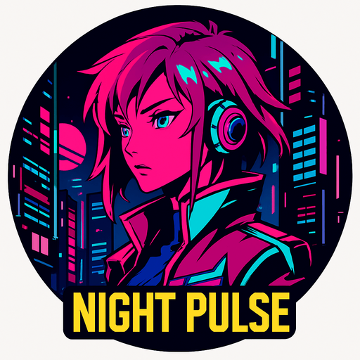 Round shape song cover of cyberpunk anime style with the themed “Night Pulse”.
In-Game asset.  2d.  High contrast.  No shadows