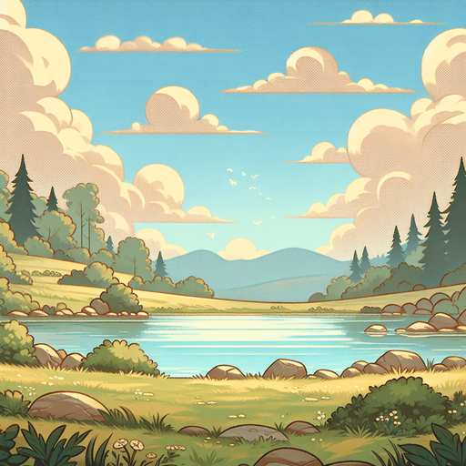 ghibli anime 2d style. meadow at lake. sky full of small with cloud.
Single Game Texture.  In-Game asset.  2d.  Blank background.  High contrast.  No shadows