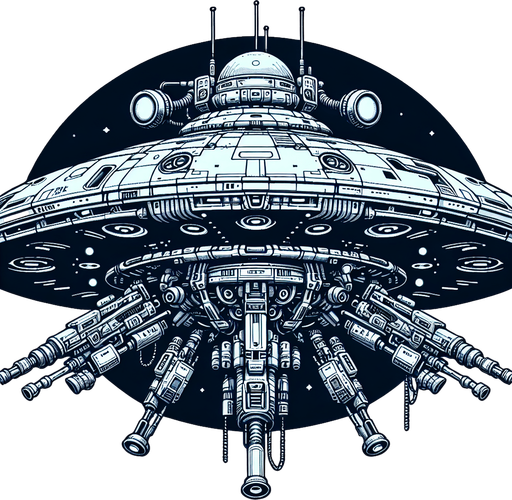 A ufo with weapons.
Single Game Texture.  In-Game asset.  2d.  Blank background.  High contrast.  No shadows
