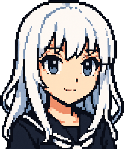 Beautiful anime style girl, with white hair and gray eyes.
In-Game asset.  2d.  High contrast.  No shadows. Pixel art