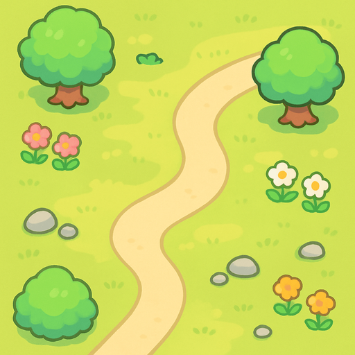 Draw a chibi-style top-down (bird's-eye view) park field. The scene should be cute and colorful, with soft, rounded shapes typical of chibi environments. Include details like small patches of flowers, tiny rocks, and gentle variations in the grass. The overall style should be whimsical and simple, with clean lines and a bright, cheerful color palette.
In-Game asset.  2d.  High contrast.  No shadows