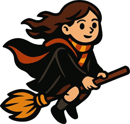 çalı süpürgesine binen pelerinli kız bir büyücü harry potter temasında.
In-Game asset.  2d.  High contrast.  No shadows