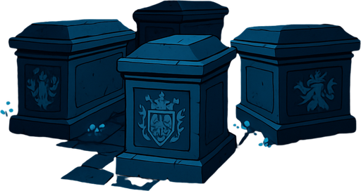A sacred royal crypt deep underground, stone tombs with carved family crests, faint blue glow from fungi, complete silence.
In-Game asset.  2d.  High contrast.  No shadows