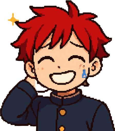 A kawaii anime boy scratches the back of his neck while laughing with his eyes closed, as a bead of sweat runs down his cheek