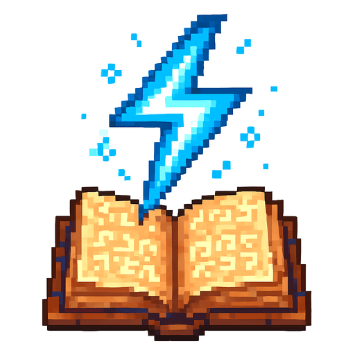 "2D pixel art of a glowing blue lightning bolt symbol emerging from an open magical spellbook. The book has ancient, worn covers and glowing runes on its pages. The lightning symbol floats above the book, made of bright blue magical energy, crackling with small sparks. It glows vividly, suggesting power and electricity. Designed in classic 16-bit fantasy RPG style. Transparent background.".
In-Game asset.  2d.  High contrast.  No shadows