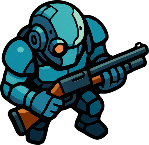 Un cibor visto desde arriba con una escopeta en las manos.
In-Game asset.  2d.  High contrast.  No shadows