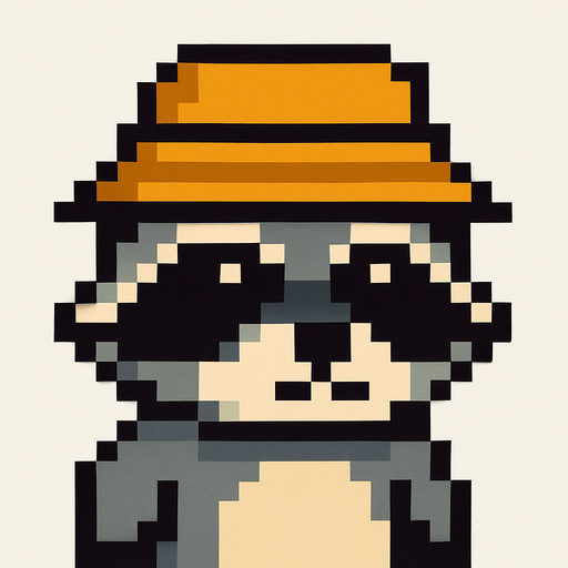 mapache de pixeles con sombrero pesquero.
In-Game asset.  2d.  High contrast.  No shadows