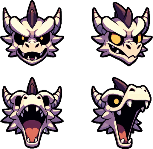 A sprite sheet for a dragons head. Head straight forward with mouth open and one with mouth closed. Cartoon..
Single Game Texture.  In-Game asset.  2d.  Blank background.  High contrast.  No shadows