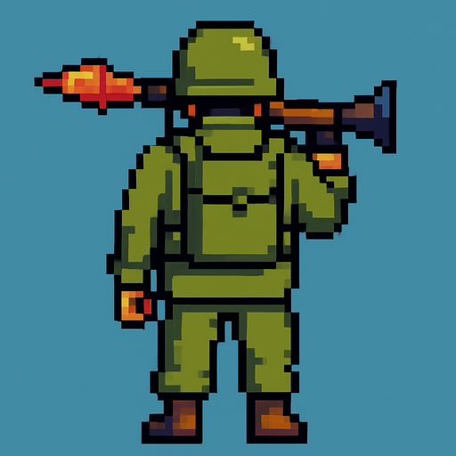 Militar de espalda, derecho , rpg, pixelart.
In-Game asset.  2d.  High contrast.  No shadows