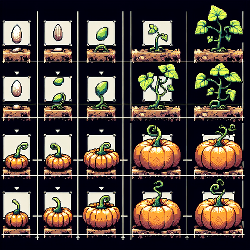 A spritesheet showing a pumpkin plant in various stages of germantion, from seed over sapling and to full grown plant with ripe pumpkin. The sprites should be laid out in a rectangular grid with blank space between them..
Single Game Texture. In-Game asset. 2d. Blank background. High contrast. No shadows.