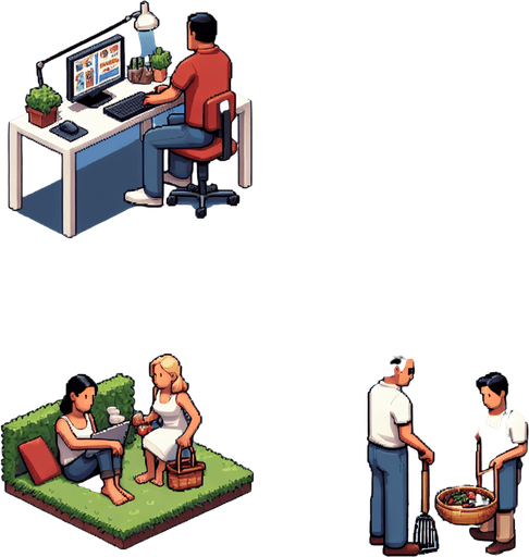 People who are midle class.
Single Game Texture. In-Game asset. 2d. Blank background. High contrast. No shadows.