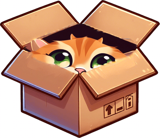 cute Chibi ginger cat look from the box into the camera. Cheeky, happy.