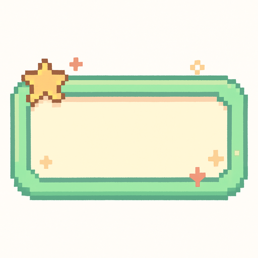 A horizontally-oriented pixel art score frame designed for a cute 2D retro game.
The frame is meant to be placed at the top center of the screen during gameplay.
It has a soft pastel green or cream background with a rounded rectangular shape.
The inside of the frame is filled with a solid light color (not transparent), ready for number assets to be placed on top.
The border is subtle and cute, with minimal decorative details like tiny sparkles or stars to match the playful and colorful retro game aesthetic..
In-Game asset.  2d.  High contrast.  No shadows. pixel art. side view. cute. pastel colors. soft edges. retro ui. video game hud. minimal