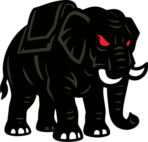 Black war elephant with red eyes.
In-Game asset.  2d.  High contrast.  No shadows