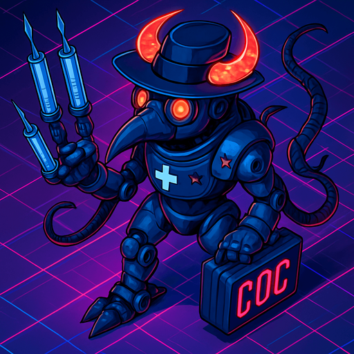 Neon cyberpunk anime top down isometric animatronic plague doctor cyborg demon medic CDC corporate robot monster disease pestilence medicine syringes Walking