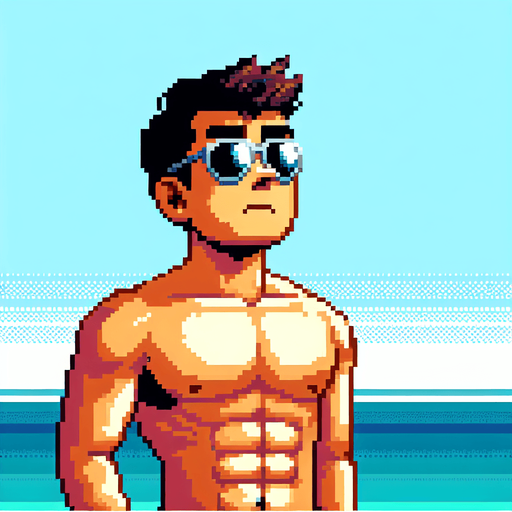 8-bit. Cartoon. Guy the beach. Full body. Looking up. Sunglasses. Worried. In game asset. Single Game Texture. In-Game asset. 2d. Blank background. High contrast. No shadows.