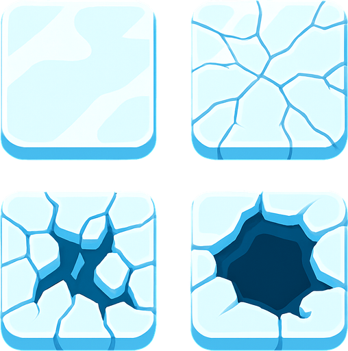 Generate a 2D sprite sheet arranged in a 2x2 grid, featuring a game tile of stylized arctic ice for a mobile game. The art style should be a clean vector illustration with flat colors and high contrast, suitable for a top-down, bird's-eye view. There should be no shadows.
The sprite sheet must show a clear, 4-stage progression of the same tile breaking:
Pristine Tile: A solid, unbroken square of thick ice. Mostly white and light blue.
Minor Cracks: The same tile, but now with thin, hairline fractures spiderwebbing across the surface.
Major Fractures: The cracks have widened into deep fissures, with small pieces of ice chipping away, revealing dark blue water underneath.
Nearly Shattered: A large hole has opened in the center of the tile, surrounded by a few unstable, floating fragments of the original ice. The tile is mostly dark water now..
In-Game asset.  2d.  High contrast.  No shadows