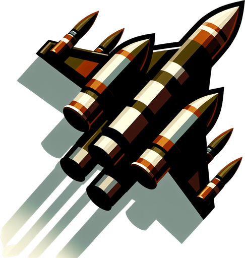 make fighter jets bullets.
Single Game Texture. In-Game asset. 2d. Blank background. High contrast. No shadows.
