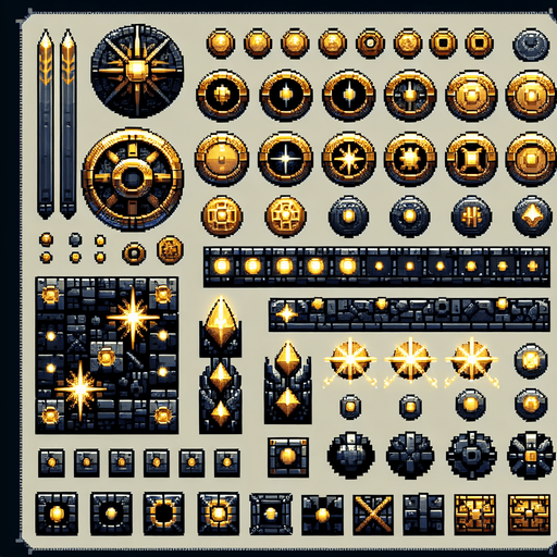 Create a sprite sheet featuring various components of a gold coin, incorporating dungeon design elements. The design should include top-down views of gold coin. Each part should be distinct, with a cohesive color scheme of metal, gold and black, accented by glowing lights for a fantasy look. The style should be detailed pixel art, reminiscent of classic 32-bit era video games, with glowing lights serving as style guides. Arrange the components on a dark background, with each part neatly aligned in rows and columns for easy identification and use in game development..
Single Game Texture. In-Game asset. 2d. Blank background. High contrast. No shadows.