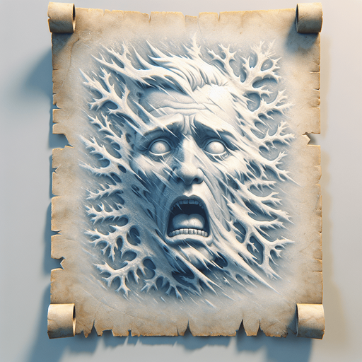 a pergament letter with the name "freezing Circumstances". It has a very froozen shocked face on it. Single Game Texture. In-Game asset. 2d. Blank background. High contrast. No shadows.