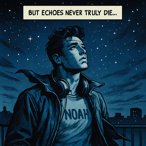 2048x2048, realistic comic style. Night sky on a rooftop, Noah gazes at the stars with headphones around his neck. Gentle wind flutters his jacket. Deep blue, nostalgic color tones. Add a transparent narrator box at the top-center with the text: "But echoes never truly die...".
In-Game asset.  2d.  High contrast.  No shadows