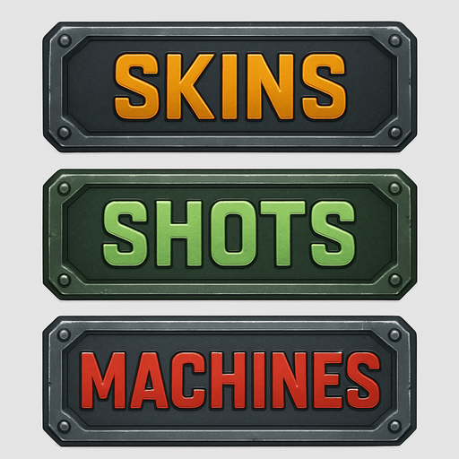 pack of different 3 buttons "skins""shots""machines", metal texture, different color for metal and for text.
In-Game asset.  2d.  High contrast.  No shadows