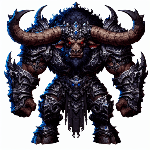 2D armored evil minotaur.
Single Game Texture.  In-Game asset.  2d.  Blank background.  High contrast.  No shadows