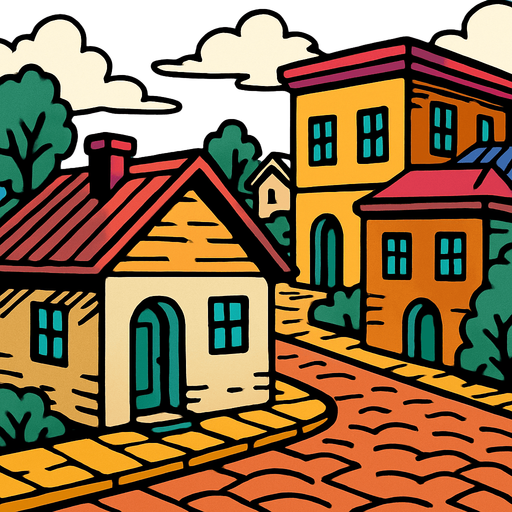 Un pueblo con casa y un piso café jojo's.
In-Game asset.  2d.  High contrast.  No shadows