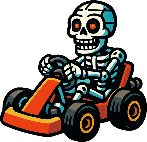Un endoesqueleto animatronico en un kart.
In-Game asset.  2d.  High contrast.  No shadows