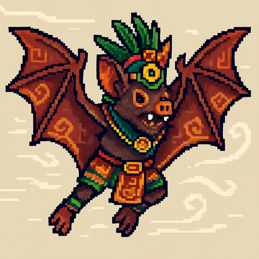 Generame un guerrero azteca con patrones, estilo pixelar, además será Murciélago frugívoro, unidad voladora con alas, con efectos de viento. Tiene que ser un animal..
In-Game asset.  2d.  High contrast.  No shadows