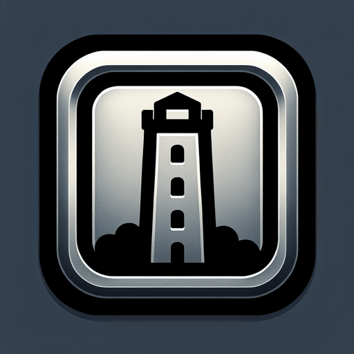A square metal button with the image of a tower. Single Game Texture. In-Game asset. 2d. Blank background. High contrast. No shadows.