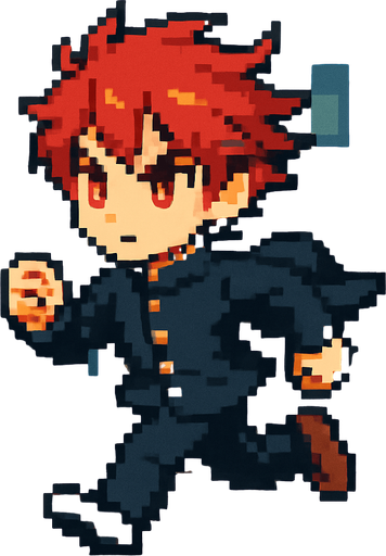 A cute 15-year-old red-haired boy with intense red eyes, wearing a traditional Japanese school uniform (gakuran). He's running down the street with a serious and confident expression. Despite his determined look, his appearance remains sweet and endearing. His gaze is focused straight ahead, with the wind gently lifting his hair and school jacket. The scene is illustrated in Pixel Art style..
In-Game asset.  2d.  High contrast.  No shadows