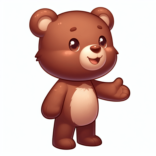 A cute brown teddy bear from his right profile, standing, looking to the right direction and smiling with his hands in front of him. Feeric style. No background. No shadows. No back light. High contrast. Single Game Texture. In-Game asset. 2d.