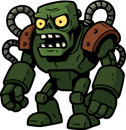 Cuerpo Robusto y Verde: El Zombot es una mole robótica de gran tamaño, con un cuerpo predominantemente de color verde oscuro, que le da un aspecto industrial y amenazante. Sus "hombros" y parte del torso están cubiertos por una armadura de color óxido o marrón rojizo, con remaches visibles.

Cabeza de Zombi Grande: La cabeza del robot es grande y cuadrada, también de color verde, con mandíbulas inferiores prominentes que se abren para revelar dientes afilados. Tiene dos grandes ojos amarillos brillantes que emiten una luz siniestra, lo que lo hace parecer una versión robótica y gigantesca de un zombi común.

Múltiples Mangueras y Cables: Varias mangueras o tuberías metálicas segmentadas sobresalen de sus hombros y otras partes del cuerpo, conectándose a sus brazos y cabeza, lo que sugiere un complejo sistema mecánico y de fluido.

Brazos y Piernas Robóticas Grandes: Sus brazos son enormes y fornidos, con grandes manos que terminan en "dedos" gruesos y redondeados, capaces de infligir u.
In-Game asset.  2d.  High contrast.  No shadows