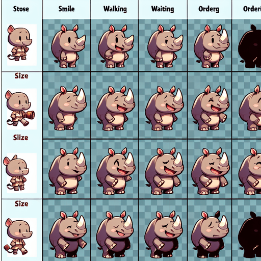 A spritesheet with a number of poses of an happy little rhino with a sun scorch, smiling, walking, waiting, standing, ordering, turning, etc. all seen from the side.The spritesheet should be laid out in a rectangular grid with clear space between each individual sprite. Each sprite in the sheet should be around 300x600 pixels in size..
Single Game Texture. In-Game asset. 2d. Blank background. High contrast. No shadows.