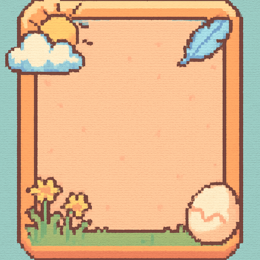 A decorative pixel art character card frame for a 2D retro-style game, themed around a cute bird world. The card is rectangular with rounded corners and has a pastel-colored background. Each corner includes soft, themed details:

A cloud and sun in the top-left,

A feather or flying bird in the top-right,

Grass or flowers in the bottom-left,

A cracked egg in the bottom-right.

The center area is left empty for a character sprite to be added later. The overall design is cozy, cute, colorful, and flat—fitting the aesthetic of a peaceful, playful bird-themed game world.

Style tags:
pixel art, retro, bird theme, character card, cozy, pastel colors, cloud, feather, egg, grass, flowers, soft design, minimal, 2D UI, flat, cute.
In-Game asset.  2d.  High contrast.  No shadows. pixel art. retro. bird theme. character card. cozy. pastel colors. cloud. feather. egg. grass. flowers. soft design. minimal. 2d ui. flat. cute