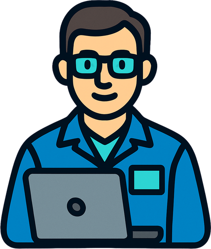 Bilgisayar teknikeri personel.
In-Game asset.  2d.  High contrast.  No shadows