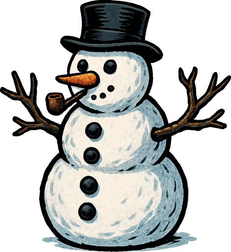 Hombre de nieve con pipa y manos de ramas y tres botones negros verticalmente algo realista.
In-Game asset.  2d.  High contrast.  No shadows