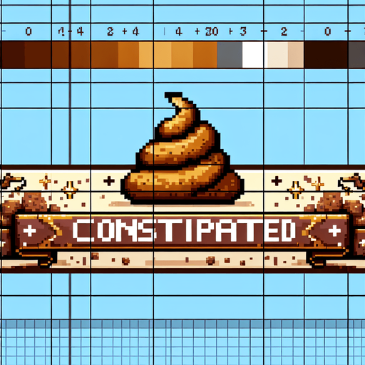 text saying "Constipated" against a poop banner. pixelated. 8-bit.
Single Game Texture. In-Game asset. 2d. Blank background. High contrast. No shadows.